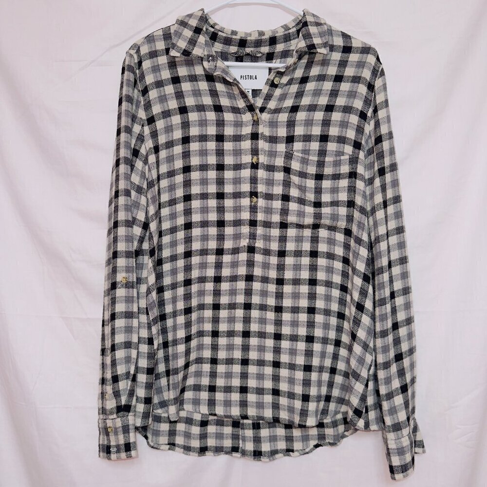 Pistola Black Cream Plaid Long Sleeve Collared Neck Popover Top size medium